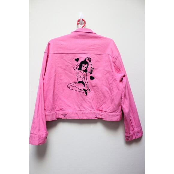 Lazy Oaf Kita Pink Heart Pinup Girl 2 PC Jacket Denim Jean Pants Set Small/24 - Picture 6 of 13
